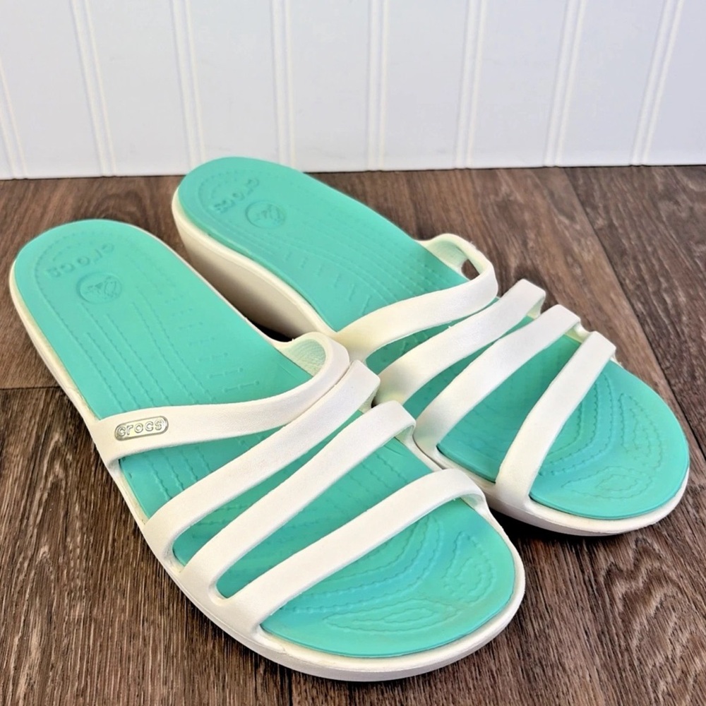 Crocs Rhonda 14706 Women's Strappy Wedge Slip On Sandals White Teal Green Size 8